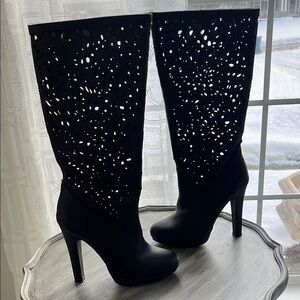 Colin Stuart leather Black Cutout Knee-High tall platform heeled Boots size 7